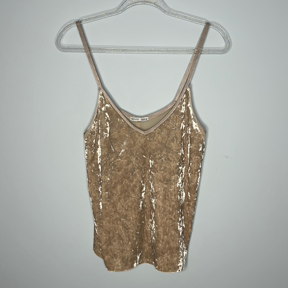 Zara Crushed Velvet Knit Strap Sheer Panel Camisole Tank
